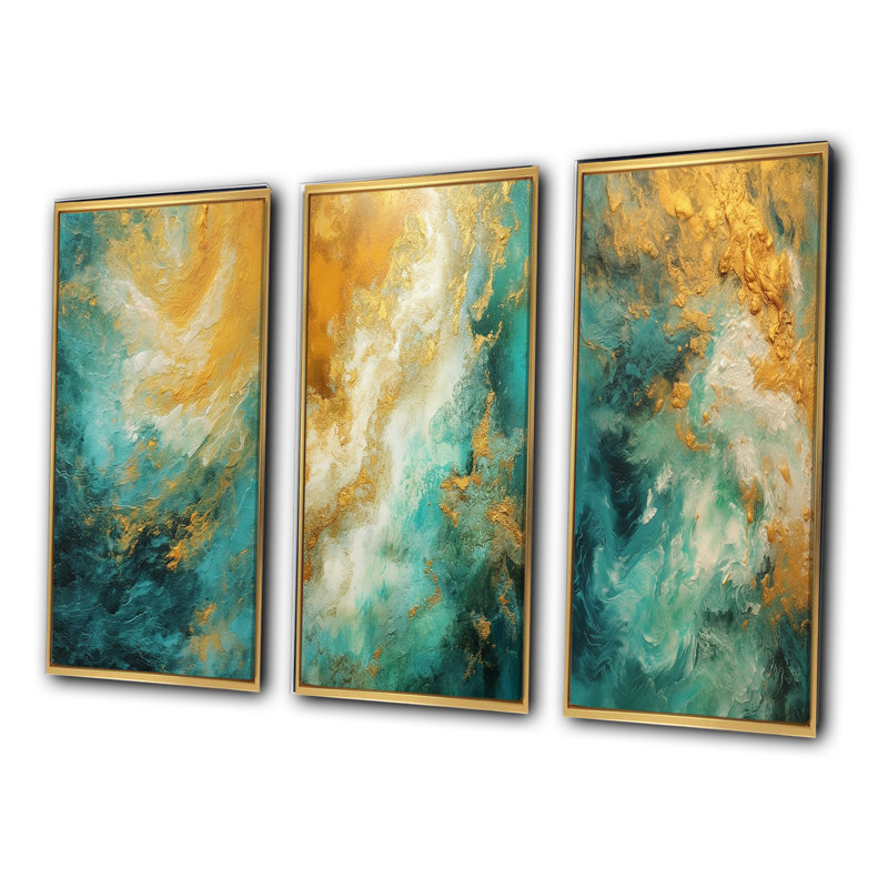 «Morning Bliss» or et bleu sarcelle art marbré - ensemble de 3 impressions, Encadrement doré, H 32 po x l 48 po