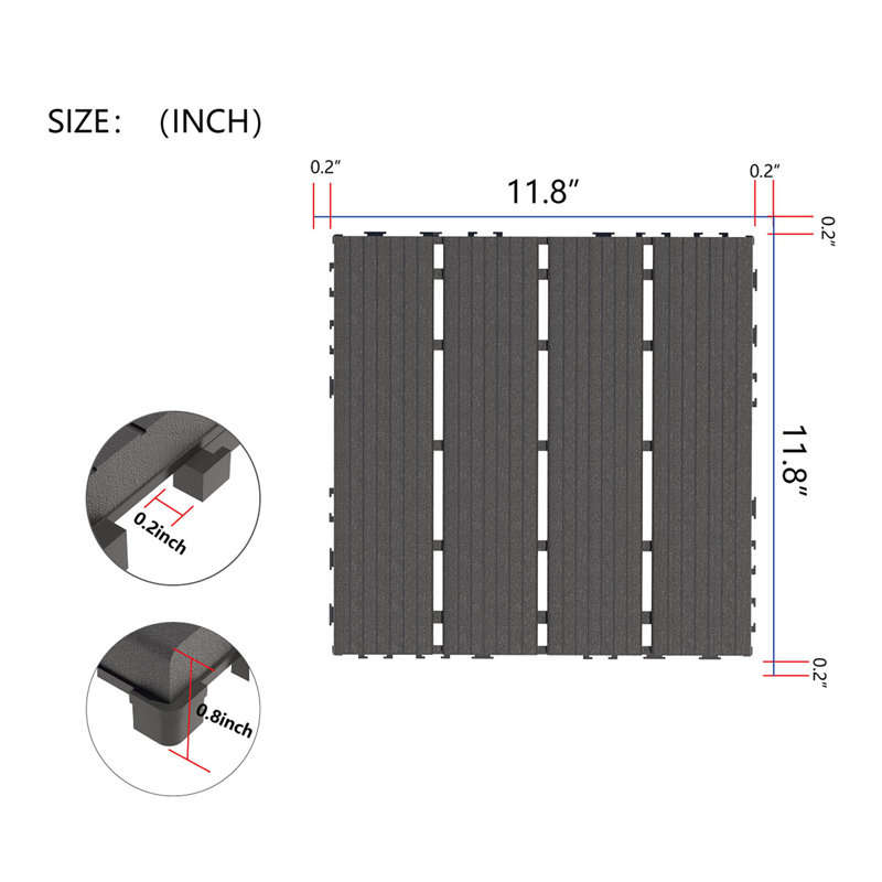 Paquet de 44 tuiles de terrasse emboîtables en plastique gris foncé pour l'extérieur et l'intérieur, terrasse carrée imperméable 12 "x 12"
