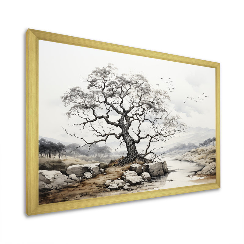 Chêne dans une palette monochromatique I sur toile, Cadre photo doré simple, H 34 po x l 44 po x P 1,5 po