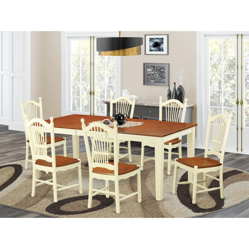 Ensemble de table et chaises de cuisine 7 pièces comprenant une table de salle à manger rectangulaire avec rallonge papillon et 6 chaises en bois massif, babeurre et cerise