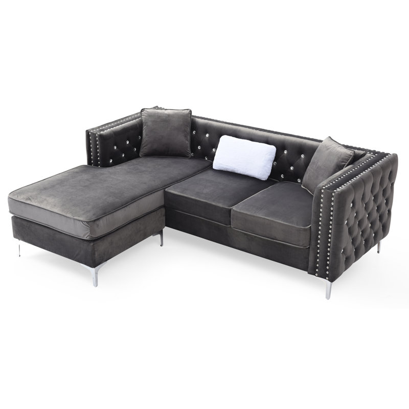 Tina 87" Wide Velvet Reversible Sofa & Chaise, Gray Velvet