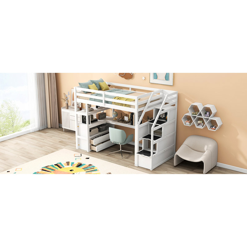 Lit mezzanine double gris avec bureau, tablettes, tiroirs et rangement basalte gris, Lit double, Gris