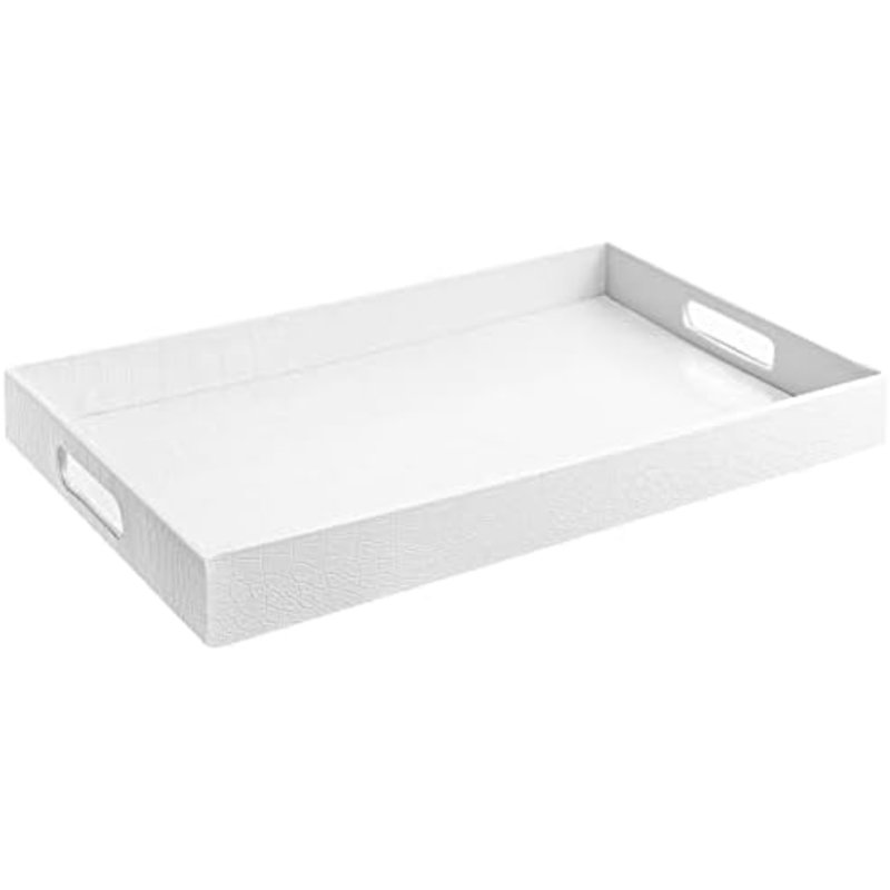 18"X12" White Glossy Crocodile Faux Leather Serving Tray Beautiful Modern Elegant Decorative Tray With Handles Ottoman Coffee Table Perfume Display Makeup For All Occasion's