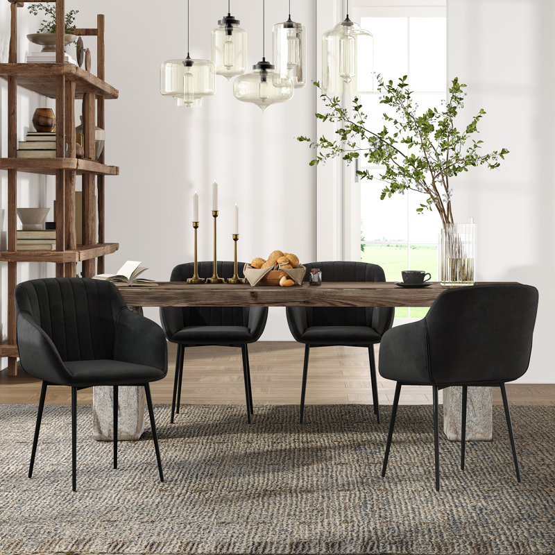 Ohio Modern Upholstered Dining Chairs with Metal Legs, Black Velvet, 4