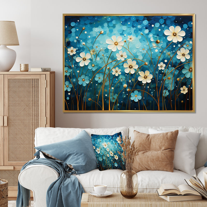 «Turquoise Tranquility», art mural abstrait, H 34 po x l 44 po x P 1,5 po, Cadre flottant doré