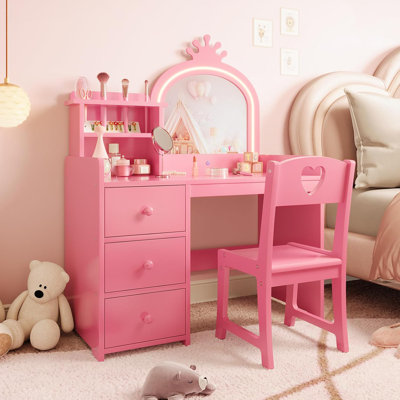 Kids Vanity Desk with Mirror and Lights, Princess Wooden Makeup Vanity with Chair, Storage Shelves and Drawers by Gemma Violet