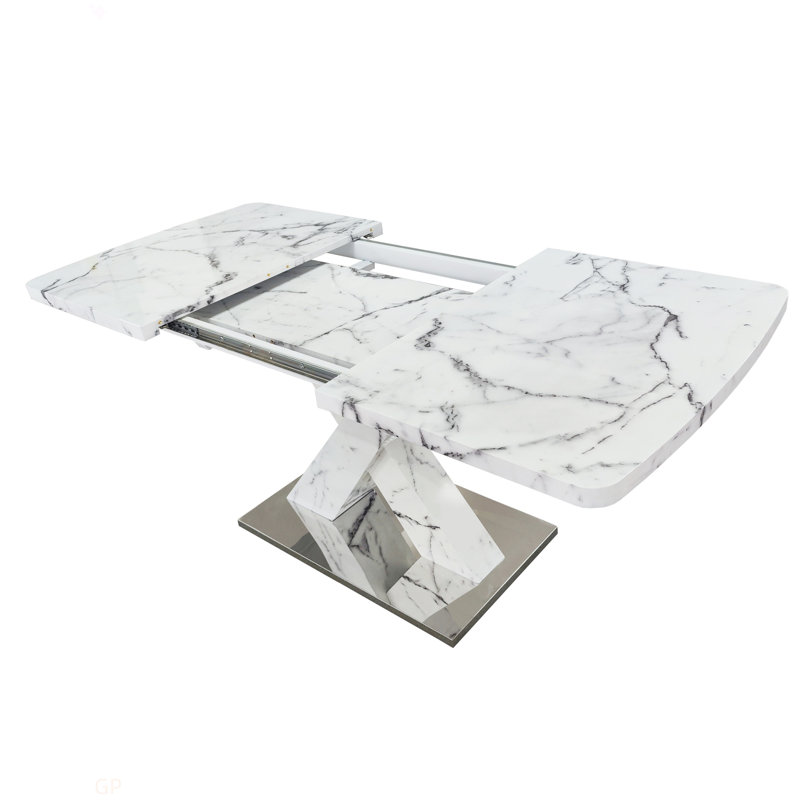Table de salle à manger rectangulaire moderne, extensible, avec plateau en marbre blanc imprimé et pied de table en MDF en X avec base en métal