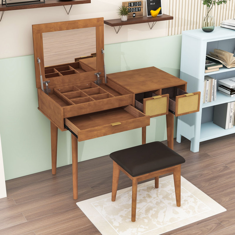 Coiffeuse de maquillage avec miroir rabattable, tabouret rembourré, 3 tiroirs et décorations en rotin
