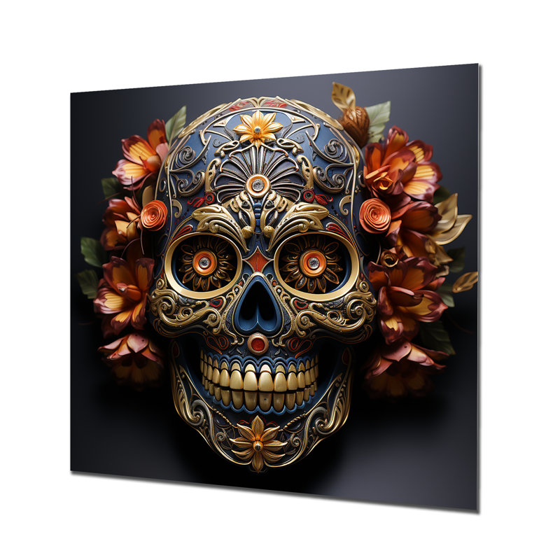 Or floral, crâne mexicain I - art mural Skullmetal, H 16 po x l 16 po x P 1 po