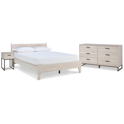 Grand lit plateforme à panneau avec commode et table de chevet Socalle