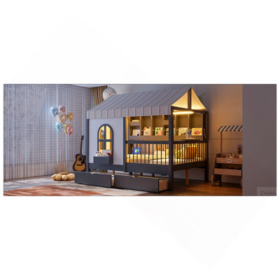 Full Size House Bed with 2 Large Drawers, Side Bookshelf with LED Strip, Gray