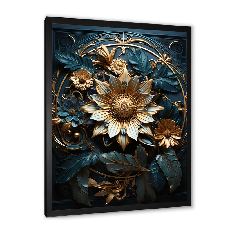 Sceau d'or et fleurs bleu sarcelle 3D sur toile, H 20 po x l 12 po x P 1 po, Cadre photo noir simple