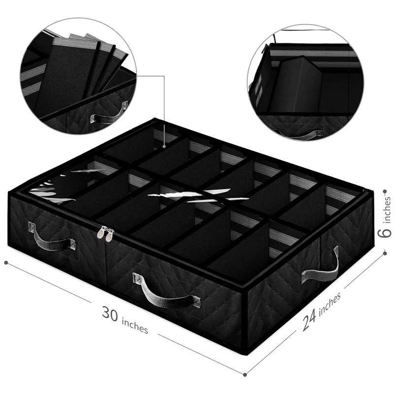 Rangement pour chaussures sous le lit, ensemble de 2, structure robuste, séparateurs réglables, poignée renforcée, fermeture à glissière robuste, avec fenêtre transparente, respirant, noir
