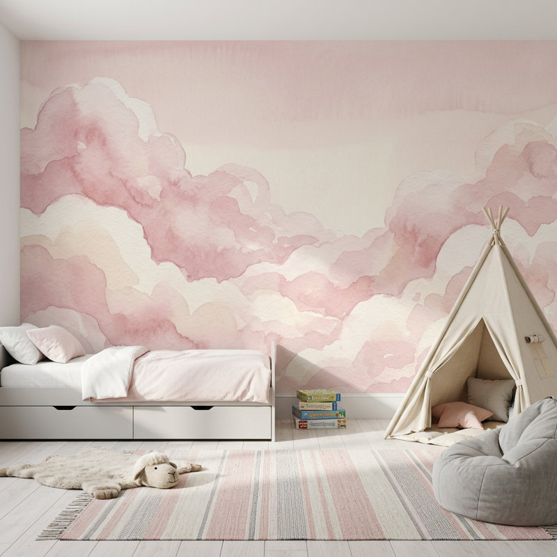 Papier peint nuages roses avec aquarelle et ciel pastel, 100 po x 96 po, Peler et coller