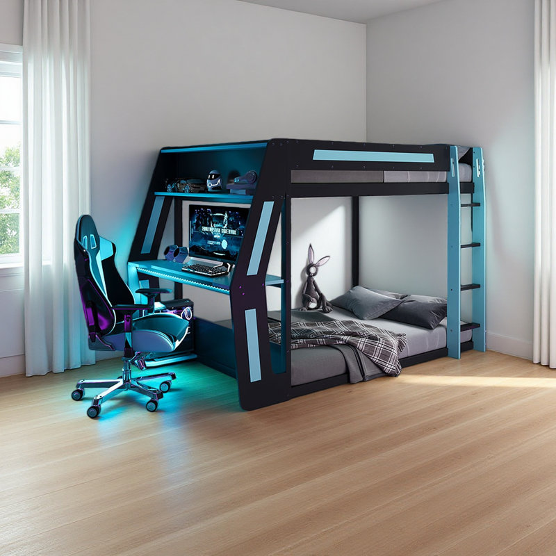 Full-Size Gaming Bunk Bed With Side-Mounted Oversized RGB Desk, USB Charging Ports & Cable Grommet, LED Light Strip, Heavy-Duty Esports Loft Frame – Cool Design