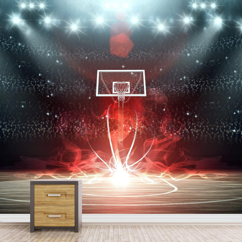 Fumée rouge, néon et terrain de basketball, L 66 po x l 96 po