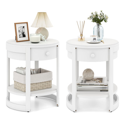 2PCS Nightstand w/ Shelf & Wood Grains Drawer Round End Table for Living Room