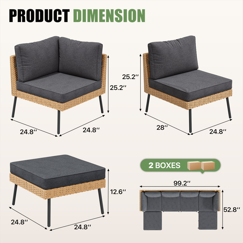 Ensemble de conversation de patio 6 pièces avec coussins amovibles, ensemble de conversation modulaire en osier toutes saisons avec repose-pieds