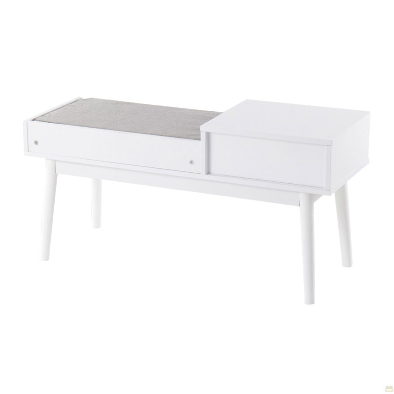 Banc téléphone contemporain en bois blanc et tissu gris avec tiroir coulissant, White