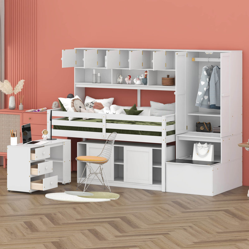 Lit mezzanine avec tiroirs Jeycob Kids, Simple, Blanc