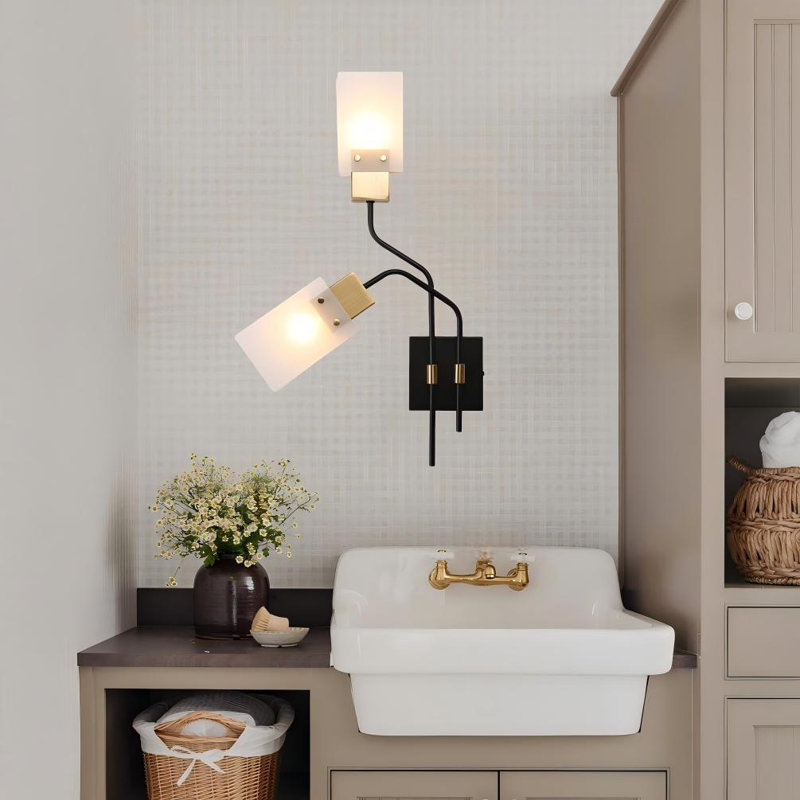 2 - Light Dimmable Modern Black/Brass Frosted Glass Shade Wall Sconce
