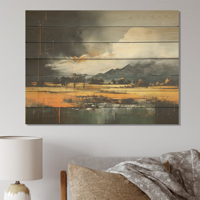 Gris et jaune, paysage de montagne abstrait II - paysage abstrait sur bois