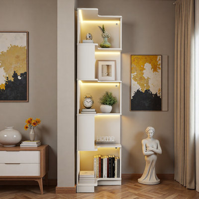 5-Tier White Corner Bookcase with Display Led Lights, L-Shaped Shelves with Baffles, Wooden Bookshelf for Living Room & Office