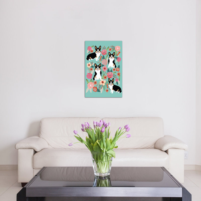 « corgi floral collage ii », impression sur toile tendue, H 60 po x l 40po x P 1,5 po, Toile tendue, Pas de tapis
