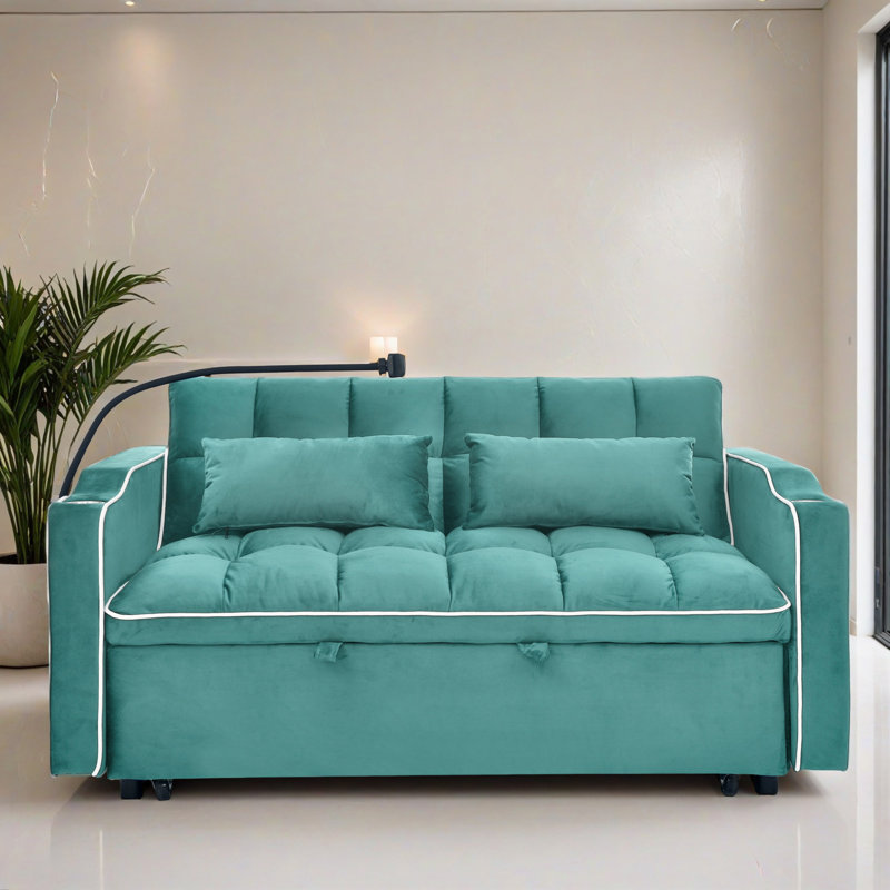 55.52" Square Arm Tufted Back Pull Out Sleeper Sofa with Cushions, Antique Blue Green