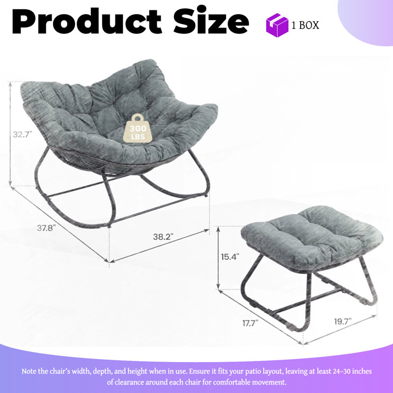All-Weather Wicker Egg Rocking Chair With Ottoman, Plush Cushions, Indoor Outdoor Lounge, Gray