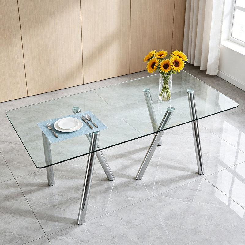 Table de salle à manger en verre trempé 71 pouces avec pieds en métal robustes, Transparent / argent