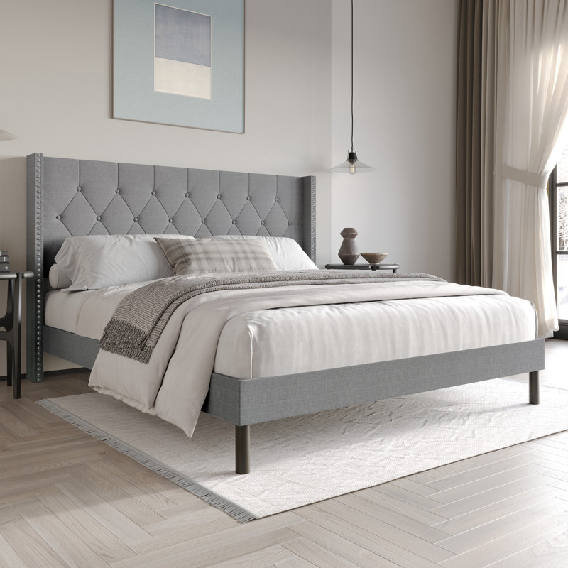 Viers Tufted Upholstered Wingback Panel Bed, Gray, King