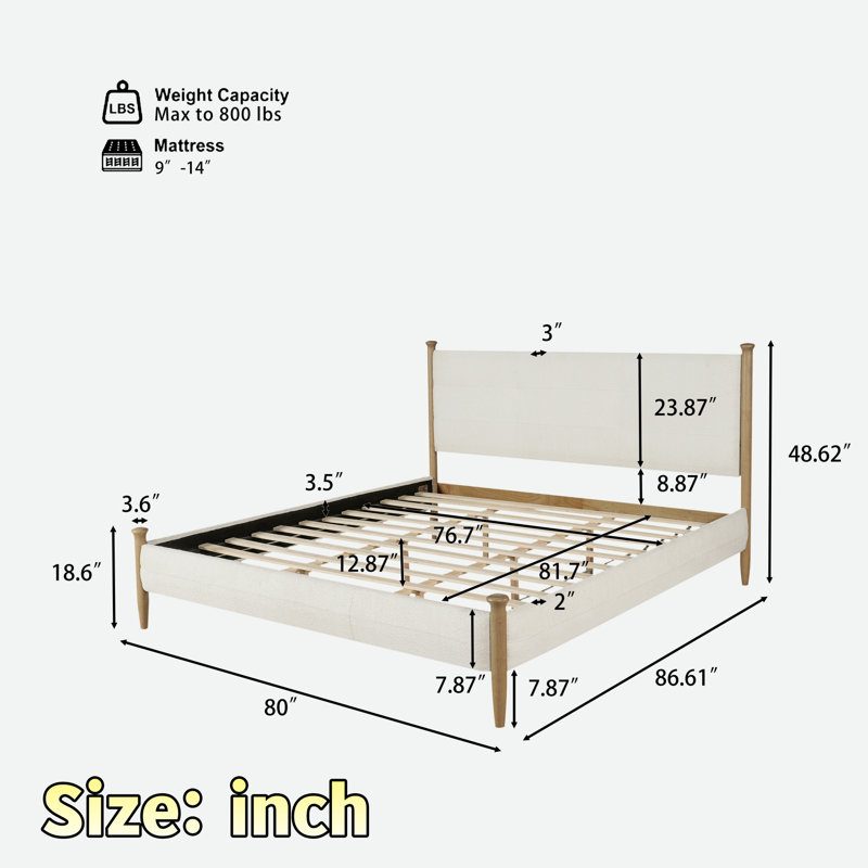 Lit plateforme tapissier avec tête de lit rembourrée épaissie et pieds ronds en bois