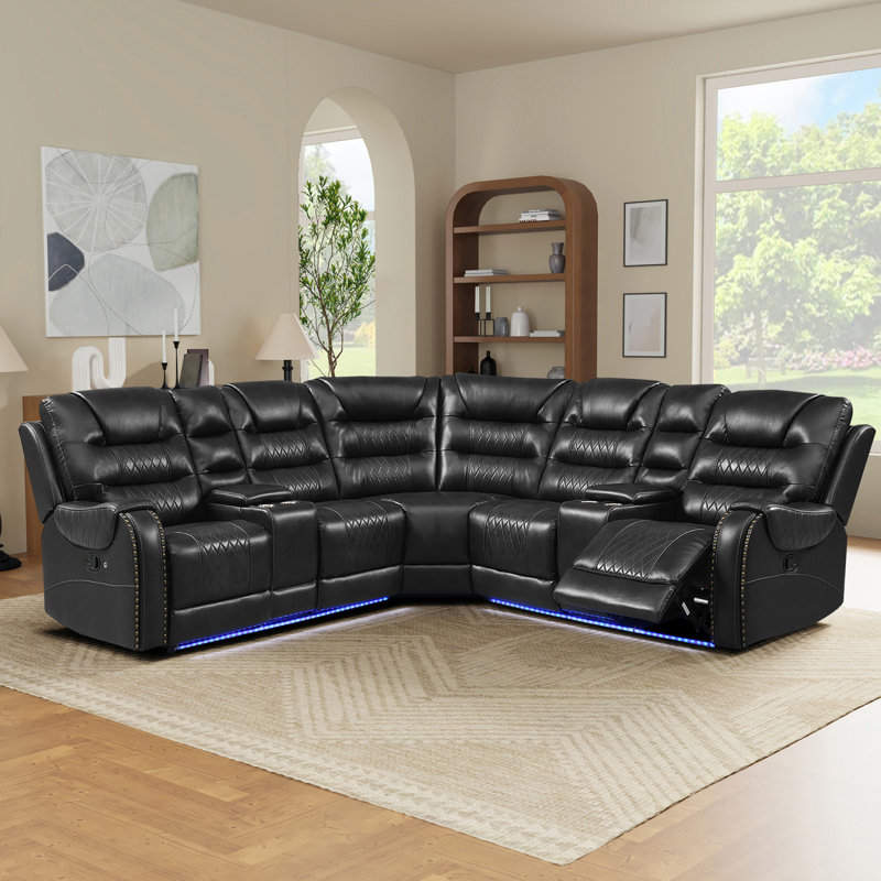 113.5" Manual Reclining Sectional Sofa Set L Shaped Symmetrical Motion Sofa Corner Couch Sets With Storage Boxes, 4 Cup Holders And LED Light Strip