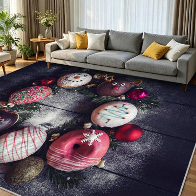 Tapis intérieur rouge lavable à la machine, motif beignes de Noël avec espace, pour décoration intérieure.