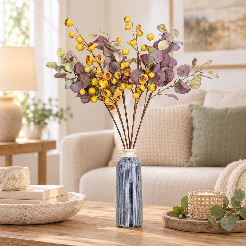 36 "tiges de pavot jaunes artificielles avec eucalyptus, fausses branches d'automne pour présenter un vase de table