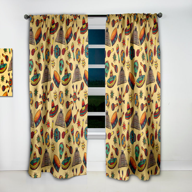Motif avec symboles mexicains - Rideau simple occultant abstrait tropical, L 52 po x L 90 po