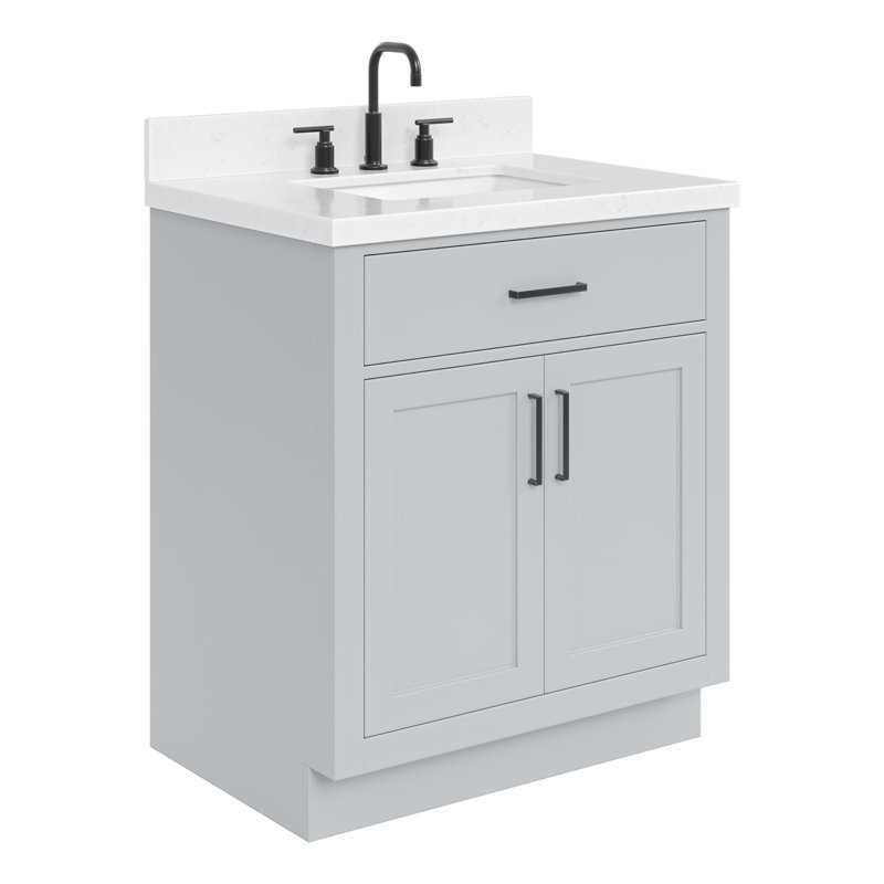 Tidworth 30'' Solid Wood Single Bathroom Vanity with 1.5'' Carrara Quartz Top, Rectangular, Gray / Brushed Nickel