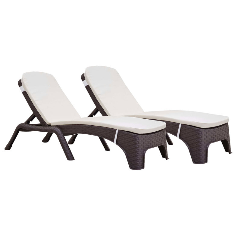 Outdoor Wicker Chaise Lounge , Cushion Included, Cream, Brown