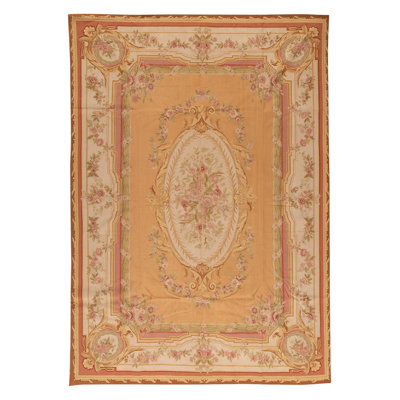 Tapis unique noué à la main beige / or / rose / vert de haute qualité