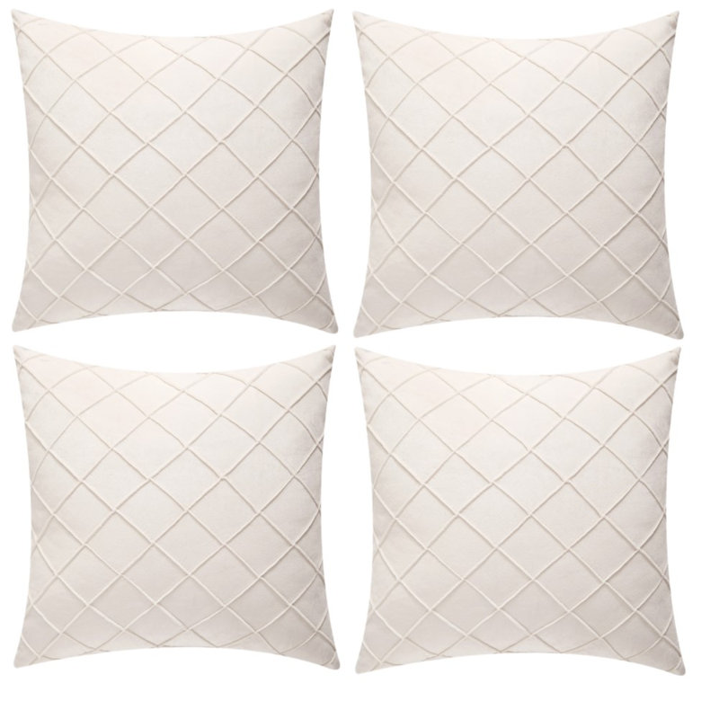 Geometric and Checkered Velvet Pillow Cover, 20" x 20", Cream