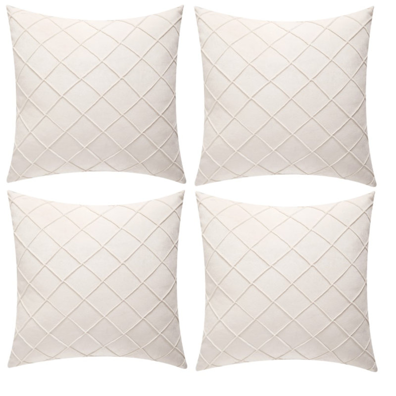 HV_Set Of 4 Throw Velvet Self Cross Cushion Covers, 20" x 20", Cream