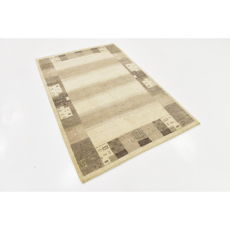 Tapis en laine brun/crème 4 pi x 5 pi 9 po à la main one-of-kind noué la Didcot