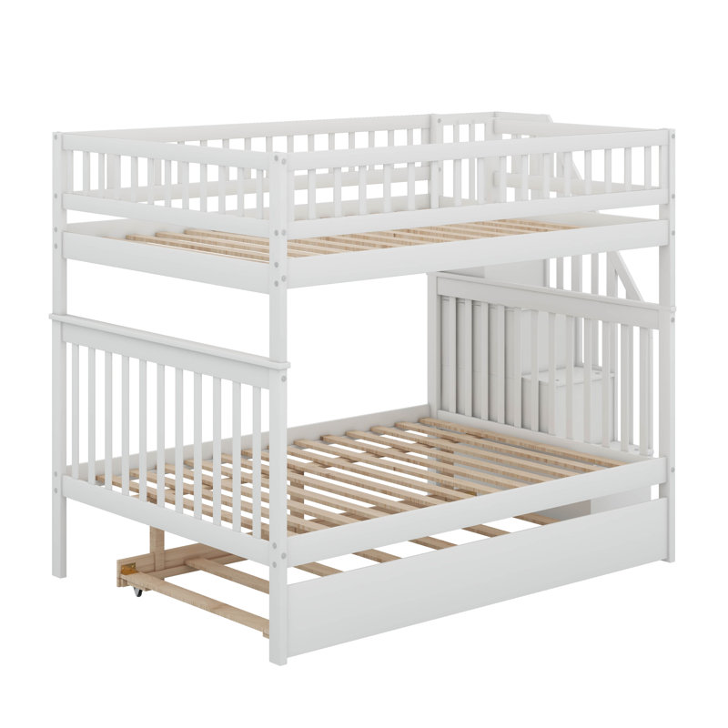 Full Over Full Bunk Bed With Trundle, Wooden Bunk Bed Frame With Storage Staircase And Safety Guardrails, White