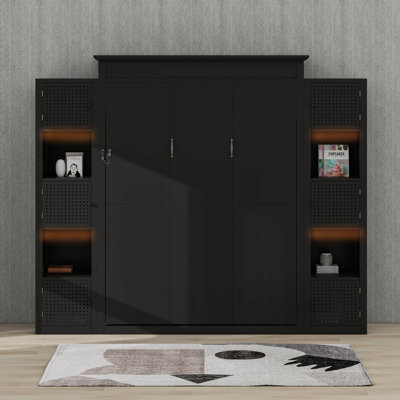 Grand lit escamotable vertical avec tablettes de rangement et lumières DEL, lit escamotable pliable en bois avec tête de lit rembourrée