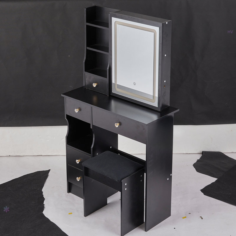29.2" Small Left Drawer Desktop Vanity Table + Cushioned Stool