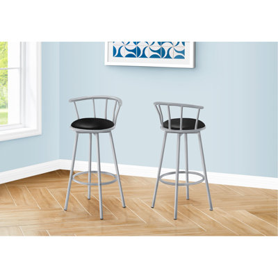 Barstool, Set Of 2, Swivel, Bar Height, Grey Metal, Black Leather Look, Contemporary, Modern