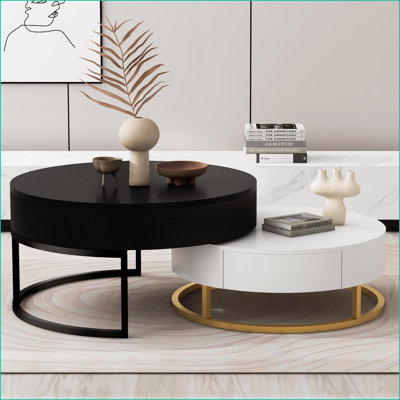 Modern Round Lift-Top Nesting Coffee Table Set with Storage Drawers, White & Black – Space-Saving for Living Room