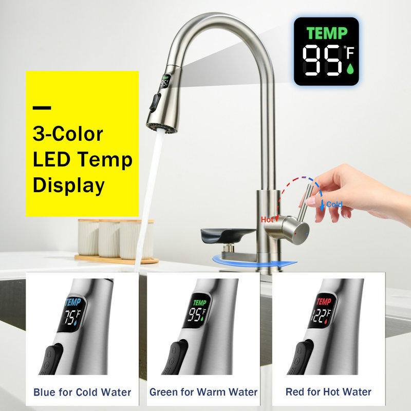 3-In-1 Kitchen Faucet With LED Temperature Display, High-Arc Pull-Down Sprayer, And Press-Type Glass Rinser, Brushed Nickel