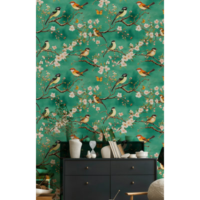 Oiseau et fleur peler et coller papier peint rétro oiseau chanteur mural